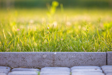 Closeup Of Pavement Curb With Green Grass Lawn Behind.