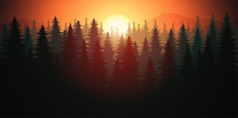 Nature forest Natural Pine forest mountains horizon Landscape wallpaper Mountains lake landscape silhouette tree sky red Sunrise and sunset Illustration vector style colorful view background