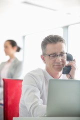 Wall Mural - Businessman talking on telephone with colleague in background at office