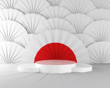 Podium On White And Red Fan Pattern Background.Japanese Fans Concept.3D Render