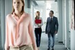 © MDBPIXS - Businessman and businesswoman talking while walking in office corridor with female colleague in foreground
