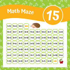 Math Maze Addition Worksheet. Educational Game. Mathematical Puzzle. 