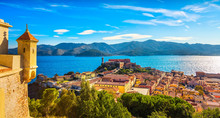 Elba Island, Portoferraio Aerial View From Fort. Lighthouse And Fort. Tuscany, Italy.