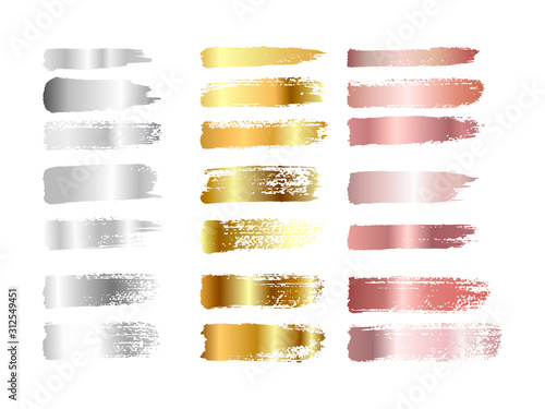 Cuadros en Lienzo Gold , silver and rose gold paint smear stroke stain set