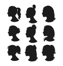 Beautiful Collection Of Profile Woman Heand With Different Hairstyles Vector
