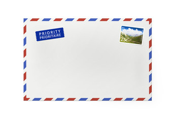 White paper envelope for letter - front side with stamp.