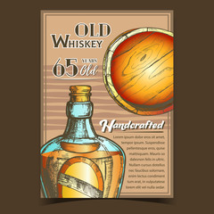 Poster - Handcrafted Old Whiskey Advertising Banner Vector. Blown Scotch Bottle With Style Cork Cap And Blank Label Of Traditional Alcoholic Beverage And Ancient Wooden Barrel. Colored Illustration