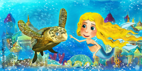 Photo Cartoon ocean and the mermaid princess in underwater kingdom swimming and having