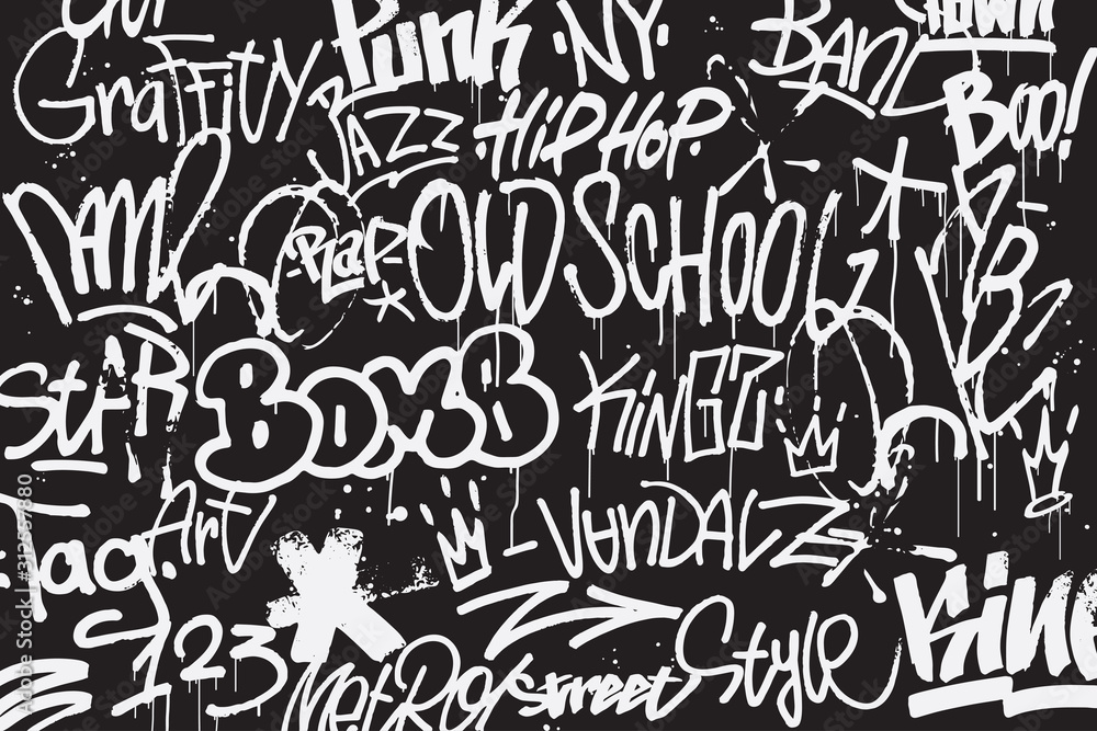 Graffiti tags background in black and white colors. Graffiti texture in hand drawn style. Old school street art. Element for t-shirt design, textile, banner. Vector illustration - obrazy, fototapety, plakaty 