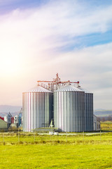 industrial place, two huge metal silo next to a pig farm on the green field, blue sky with clouds