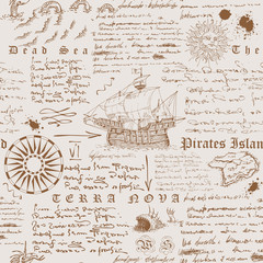 Vector image of a seamless texture in the style of a medieval nautical record of the captain's diary engraving sketch