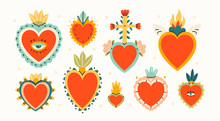 Various Sacred Hearts. Set Of Traditional Mexican Hearts. Hand Drawn Colored Trendy Vector Illustration. All Elements Are Isolated