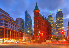 Gooderham Building, Also Known As The Flatiron Building, During The Blue Hour With Light Trails, Toronto, Canada