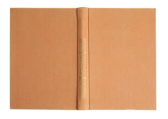 Open old book with vintage beige cover isolated on white, top view