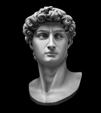 3D Rendering Of Michelangelo's David Bust Isolated On Black. High Quality Detailed Monochrome Illustration.