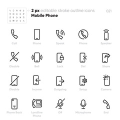 Wall Mural - Mobile Phone outline vector icons. Call, Speaker, Bell, Camera