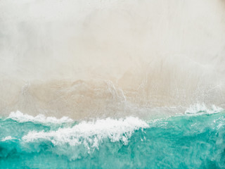 beach with turquoise sea water and palm trees, aerial drone shot, Top view of beautiful white sand