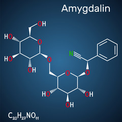 Poster - Amygdalin, laetrile molecule, is a naturally occurring cyanogenic glycoside. Structural chemical formula on the dark blue background