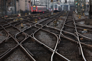 many train tracks in the evening