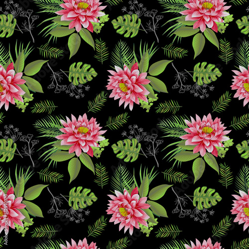beautiful  flower and branches hand draw illustration seamless pattern green ...