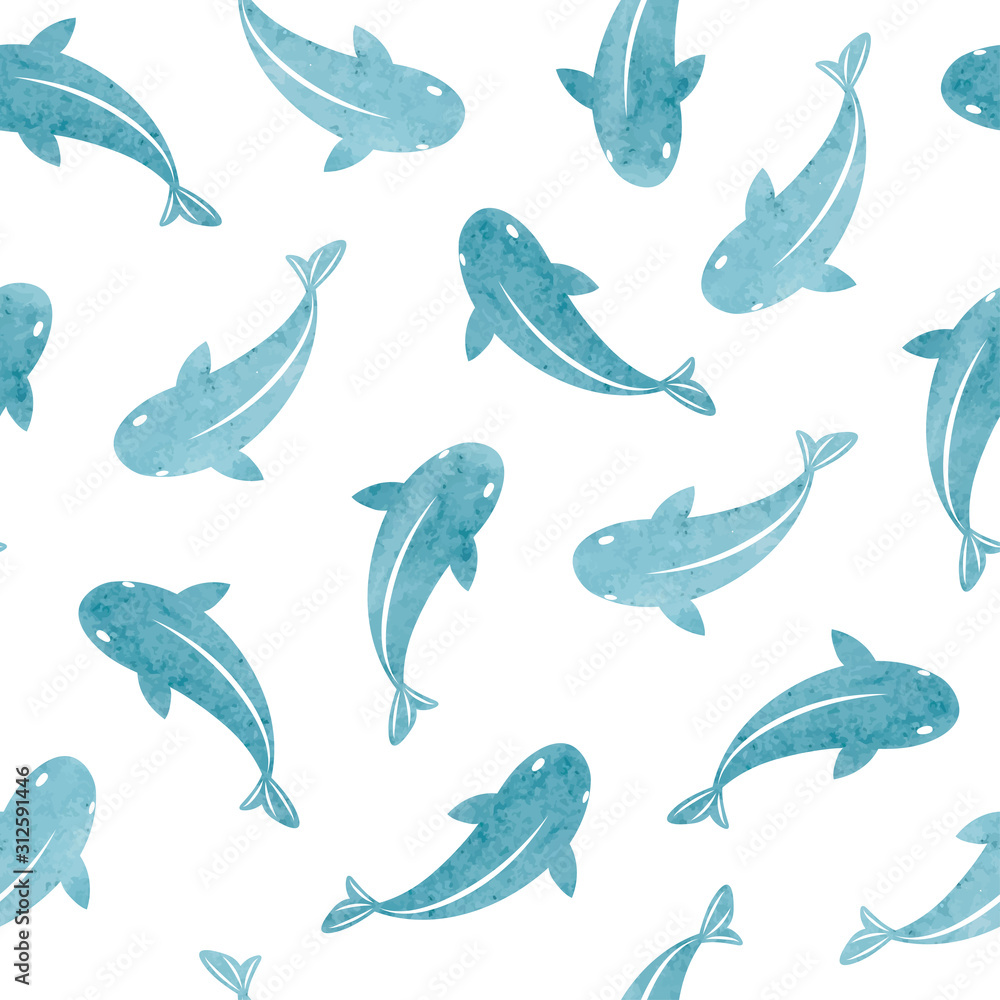 Seamless sea pattern with blue watercolor fish silhouettes. Marine ...
