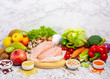 © Ирина Кузьменко - Healthy balanced food background. Organic meat, vegetables, fruits, cereals, legumes, eggs on the gray background, top view, copy space