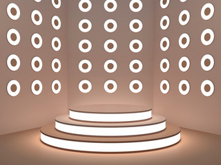 Wall Mural - Coral cylinder pedestal mockup for product display isolated on coral background with circular lights; abstract minimal geometric concept space with self illuminated objects, 3d rendering