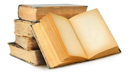 Isolated books. Stack of old books and one open with black pages, copy space, isolated on white with clipping path