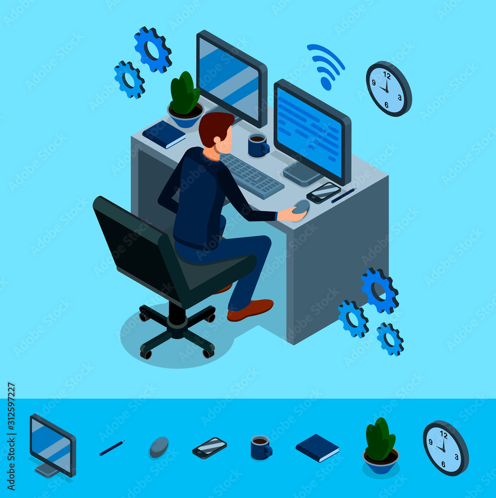 Isometric programming concept. Programmer is working at his work place ...