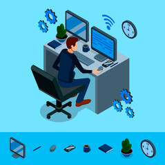 Wall Mural - isometric programming concept. programmer is working at his work place, around him are abstract icon