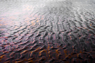 Wall Mural - Rippled sand patterns on a beach at ebb (low tide), with sky reflected in water.