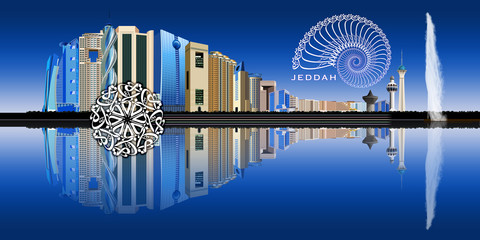 Jeddah city skyline depicting famous landmarks and its reflection on the Red Sea