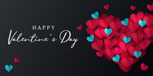 Happy Valentine's Day Banner. Holiday Background Design With Big Heart Made Of Pink, Red And Blue Origami Hearts On Black Fabric Background. Horizontal Poster, Flyer, Greeting Card, Header For Website