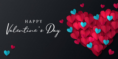 happy valentine's day banner. holiday background design with big heart made of pink, red and blue or
