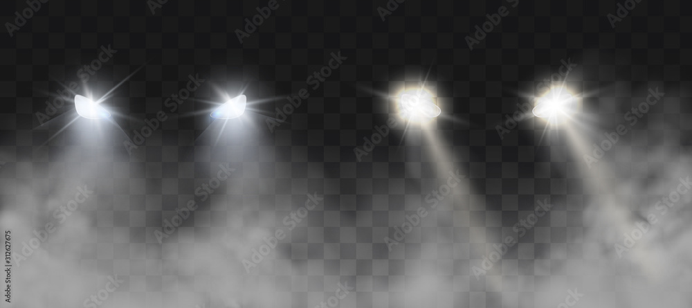 Car headlights shining on road in fog at night. Vector realistic set of front triangle lamps flares and glow beams in darkness with smoke isolated on transparent background - obrazy, fototapety, plakaty 