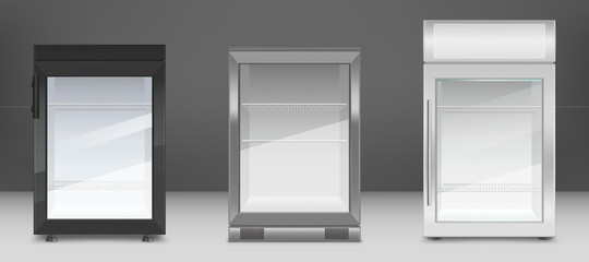 Empty mini refrigerator with transparent glass door. Vector black, gray and white fridges for drink or fresh food in supermarket or kitchen. Modern coolers with shelves and handle in front view