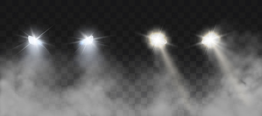 Car headlights shining on road in fog at night. Vector realistic set of front triangle lamps flares and glow beams in darkness with smoke isolated on transparent background