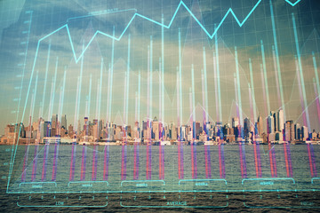 Forex graph on city view with skyscrapers background double exposure. Financial analysis concept.