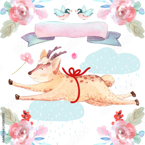 Cute watercolor animals for design.