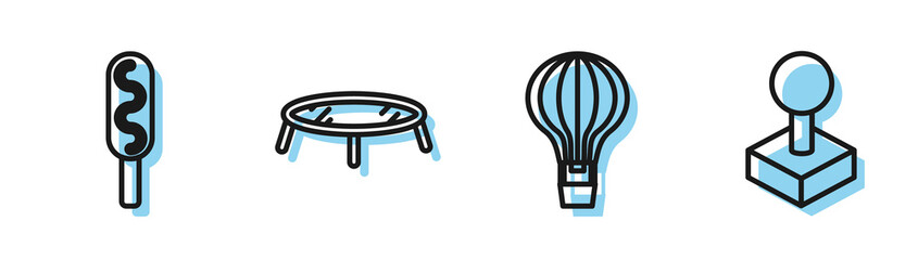 Sticker - Set line Hot air balloon, Corn dog, Jumping trampoline and Joystick for arcade machine icon. Vector