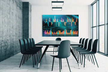 Wall Mural - Conference room interior with financial chart on screen monitor on the wall. Stock market analysis concept. 3d rendering.