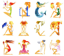 Wall Mural - Set of twelve images of barefoot women in situations of astrological signs. Symbol of the astrological sign. Watercolor. Isolated on white background