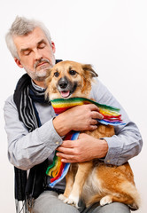 Wall Mural - Friends forever: man and his lovely dog both wearing scarfs