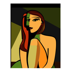 Wall Mural - Colorful abstract background, cubism art style, woman portrait on green