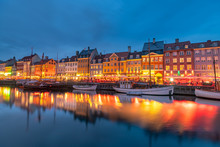 Beautiful Copenhagen City Skyline At Night  In Denmark 