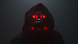 © roman3d - 3D digital illustration of cyborg head with red luminous eyes in the hood in the night scene. Science fiction helmet with dark metal. Robot with artificial intelligence. Concept art futuristic soldier