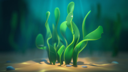 Underwater cartoon spirulina seaweed. Wide green leaves marine plants. Concept art of aquatic plant algae. Underwater caustics in the sand. 3d illustration of the game location of the underwater world
