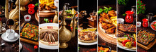 Set Of Photographs Of Arabic And Oriental Cuisine. Collage Of Coffee, Hummus, Meat. Background Image. Copy Space