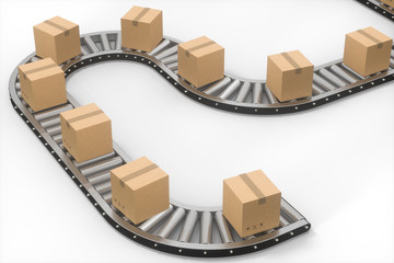 Boxes moving on the conveyor belt, 3d rendering.