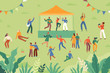 Vector illustration in flat cartoon simple style with characters - open air music summer festival - happy people dancing and band performing in the park